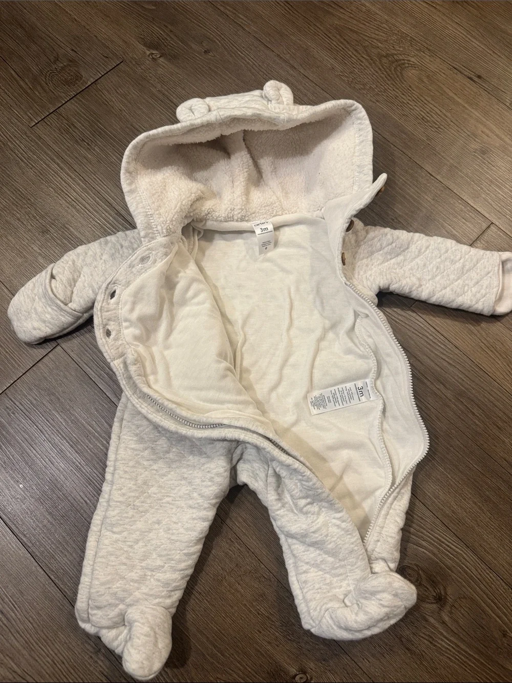 Carter's Gray Quilted Baby One-Piece Footed Bunting w Hood. 3 months. Like New!